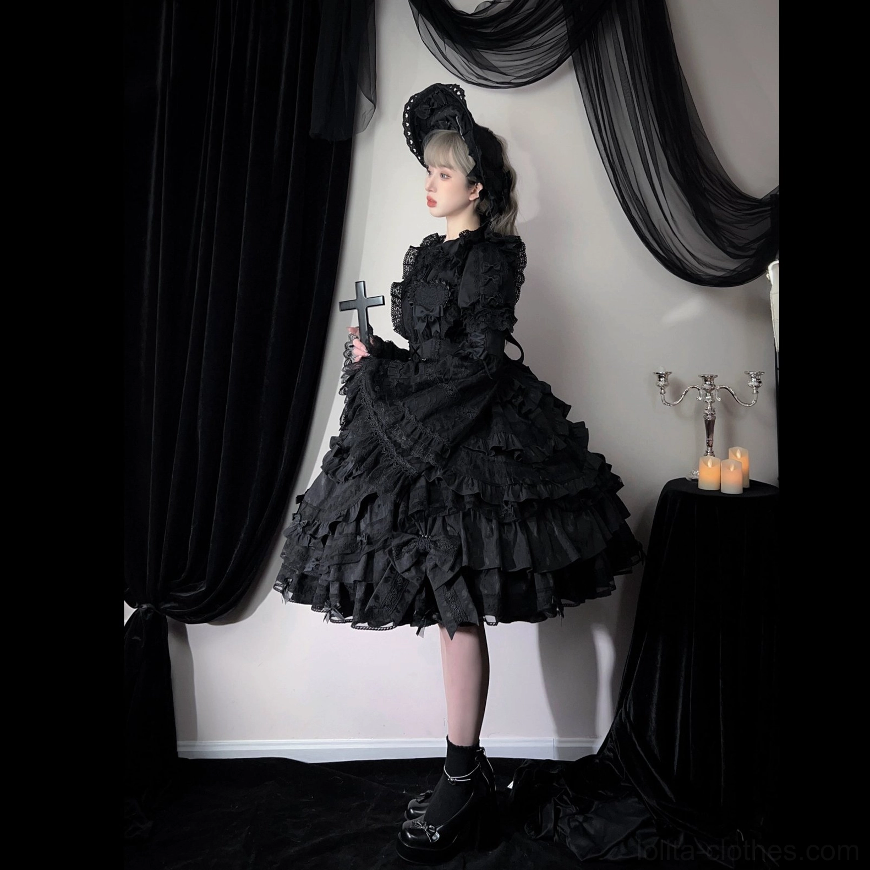 Pure black vintage gothic lolita dress lace trimmed bishop sleeves tiered ruffled skirt metal cross prop
