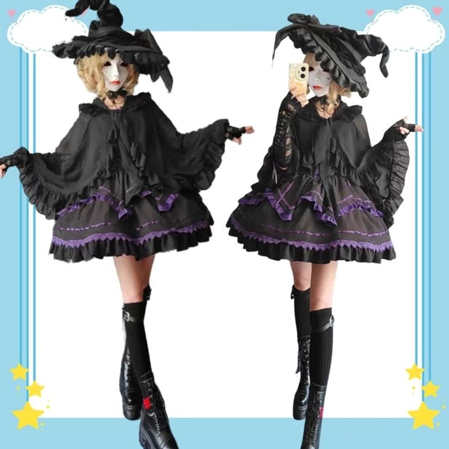 Black Gothic Lolita cardigan cape and dress set front side display two mannequins wide ruffled cape hem purple trimmed dress pointed witch hat