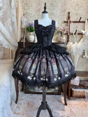 Black gothic lolita stained glass print JSK dress with boned bodice and star embroidered hem front display