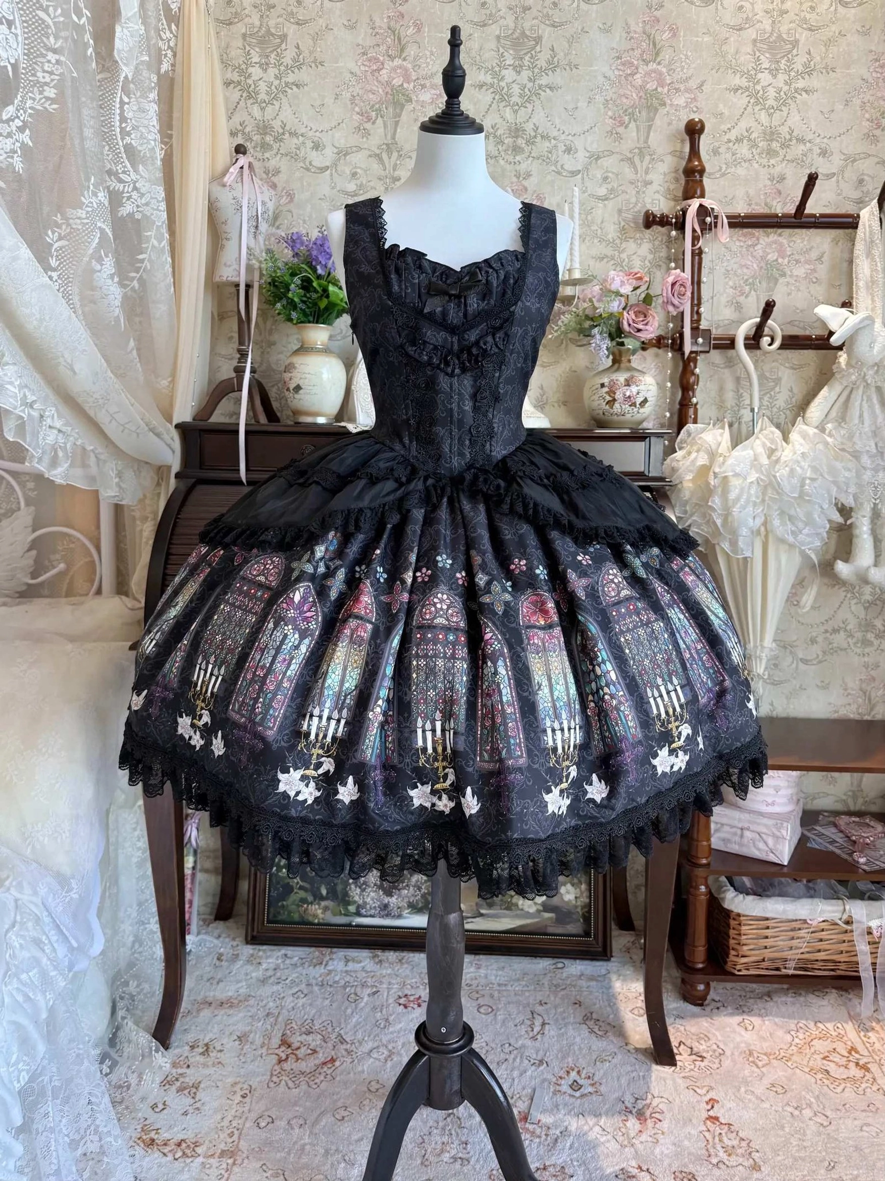 Black gothic lolita stained glass print JSK dress with boned bodice and star embroidered hem front display
