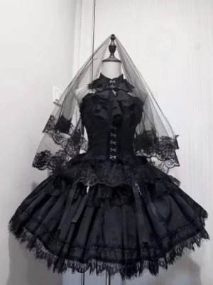 Black gothic lolita fishbone corset and layered mesh skirt set with cross details, front full view on mannequin with lace veil, studio display with white background