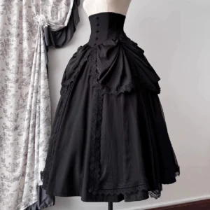 Black gothic lolita corset skirt with vertical striped bustle fabric and structured high waist close-up detail
