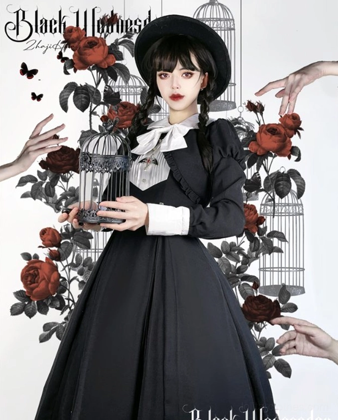 Black Gothic Lolita OP dress full front portrait with artistic birdcage and floating hands poster background, model holding vintage birdcage, wearing black Gothic hat