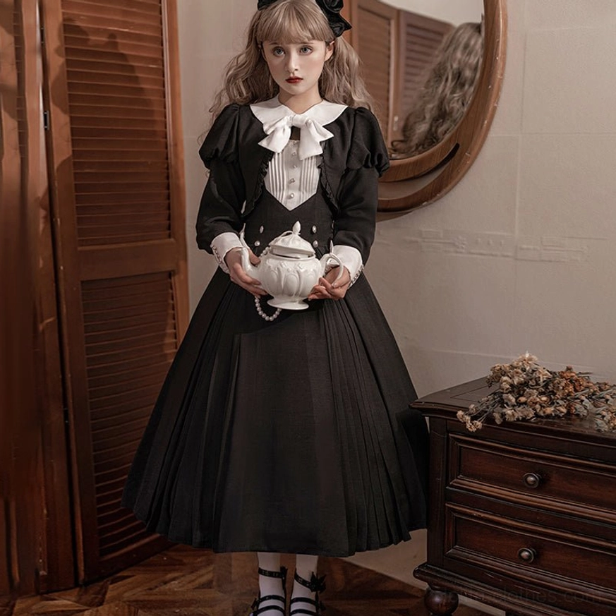 Black Gothic Lolita one-piece dress and matching coat collection set displayed together, showing complete ensemble styling for Lolita fashion enthusiasts