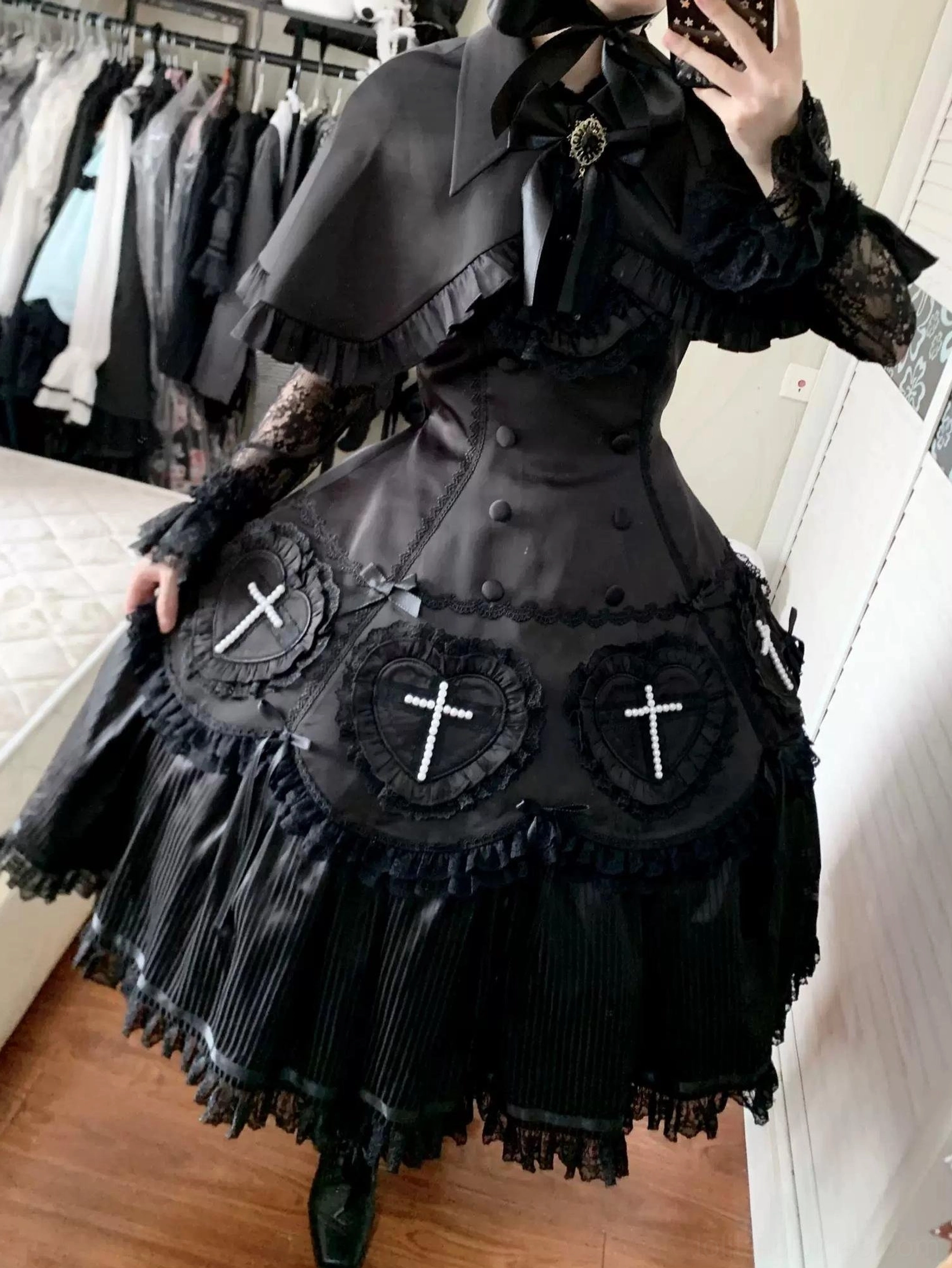 Black Gothic Lolita OP dress party event styling with dramatic platform boots and accessories commanding attention formal wear option