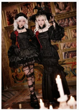 Black Gothic Lolita Skirt Set Complete Ensemble with Multiple Models Demonstrating Corset-Style Bodices Puff Sleeves Ruffled Layers and Gothic Accessories in Decorated Vintage Room