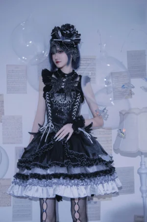 Gothic lolita outfit with silver-white ruffled trim rhinestone embellished bodice off-shoulder detachable sleeves and layered skirt hem