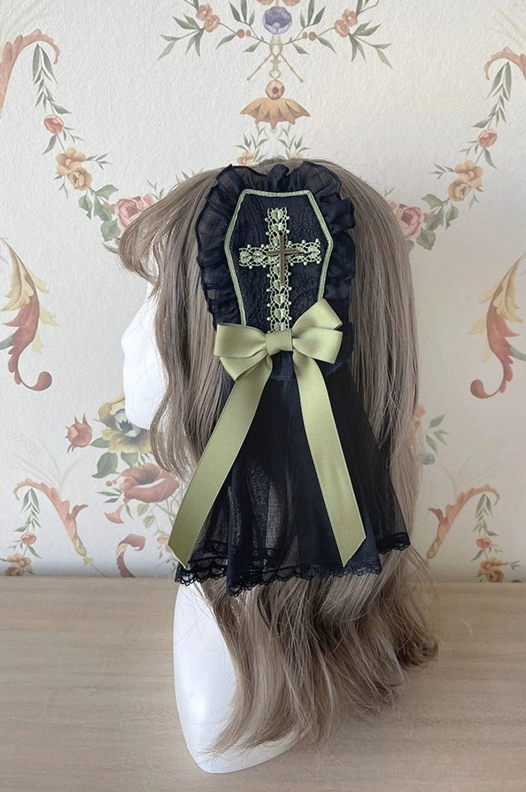 Black Gothic Lolita hair bow veil clip with gold cross ornament olive green satin bow ruffled lace
