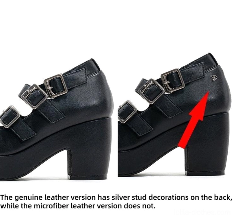 Black triple-buckle Gothic Lolita platform heel shoes side and rear close-up view with silver back studs accent, matte black leather, three adjustable buckle straps, explanatory annotation plain background