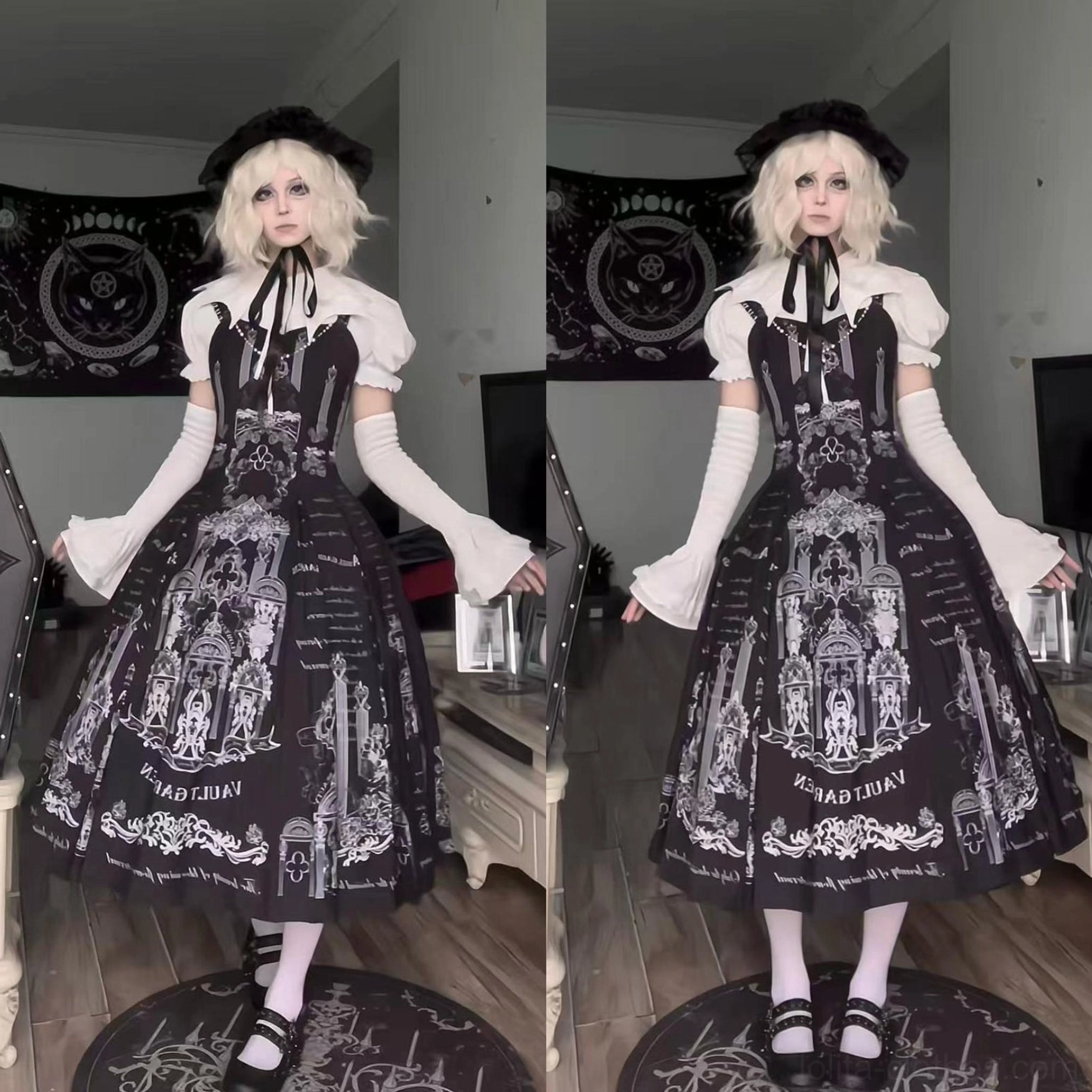 Gothic Lolita outfit styling with black bat-collar jabot shirt, model wearing black twin tails and hair ornaments, white long gloves, ruffled socks, platform boots, and black tutu skirt