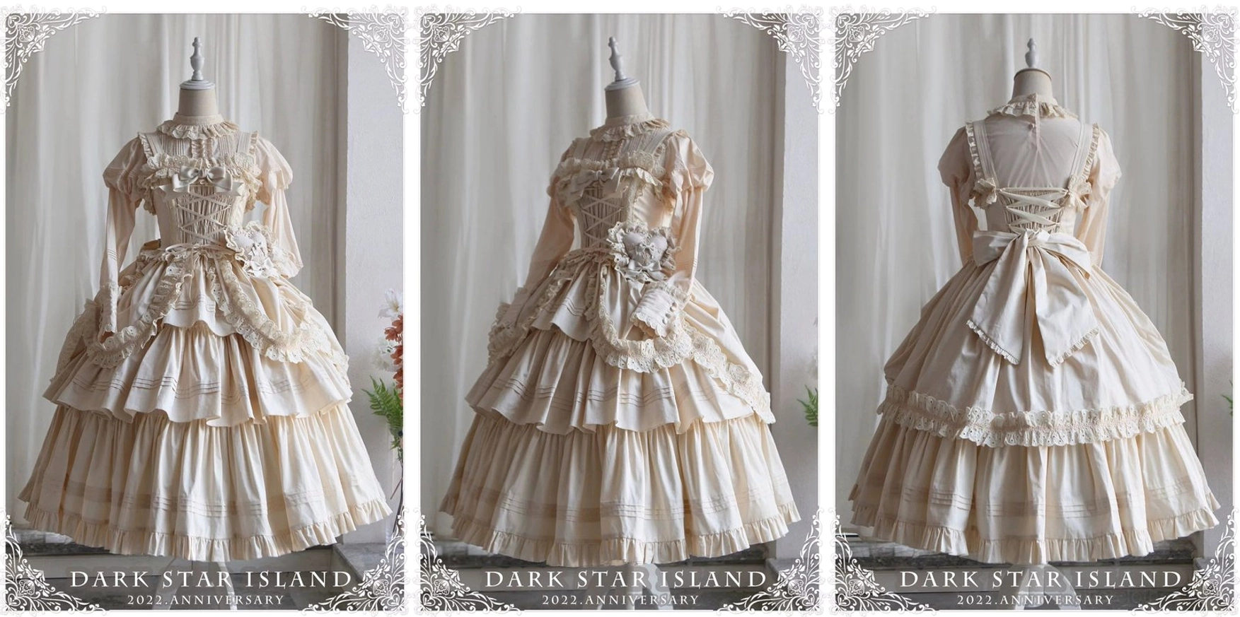Back full-body mannequin shot of black Gothic Lolita JSK showing large back bow decoration, back strap design, and layered ruffled hem