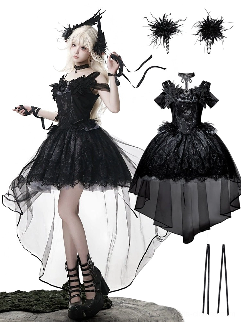 Complete gothic lolita coordinate set showing black JSK dress on model with detachable accessories including feather hair clips, wrist straps, neck choker and matching support ribbons