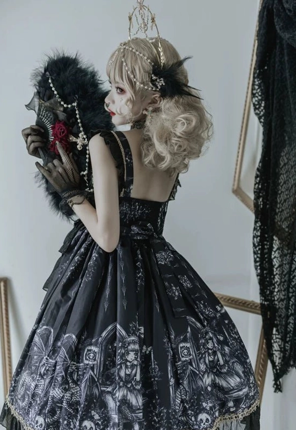 Black Dragon Witch Gothic Lolita JSK Dress back side view with open back design, full tiered ruffled skirt, and vintage printed details