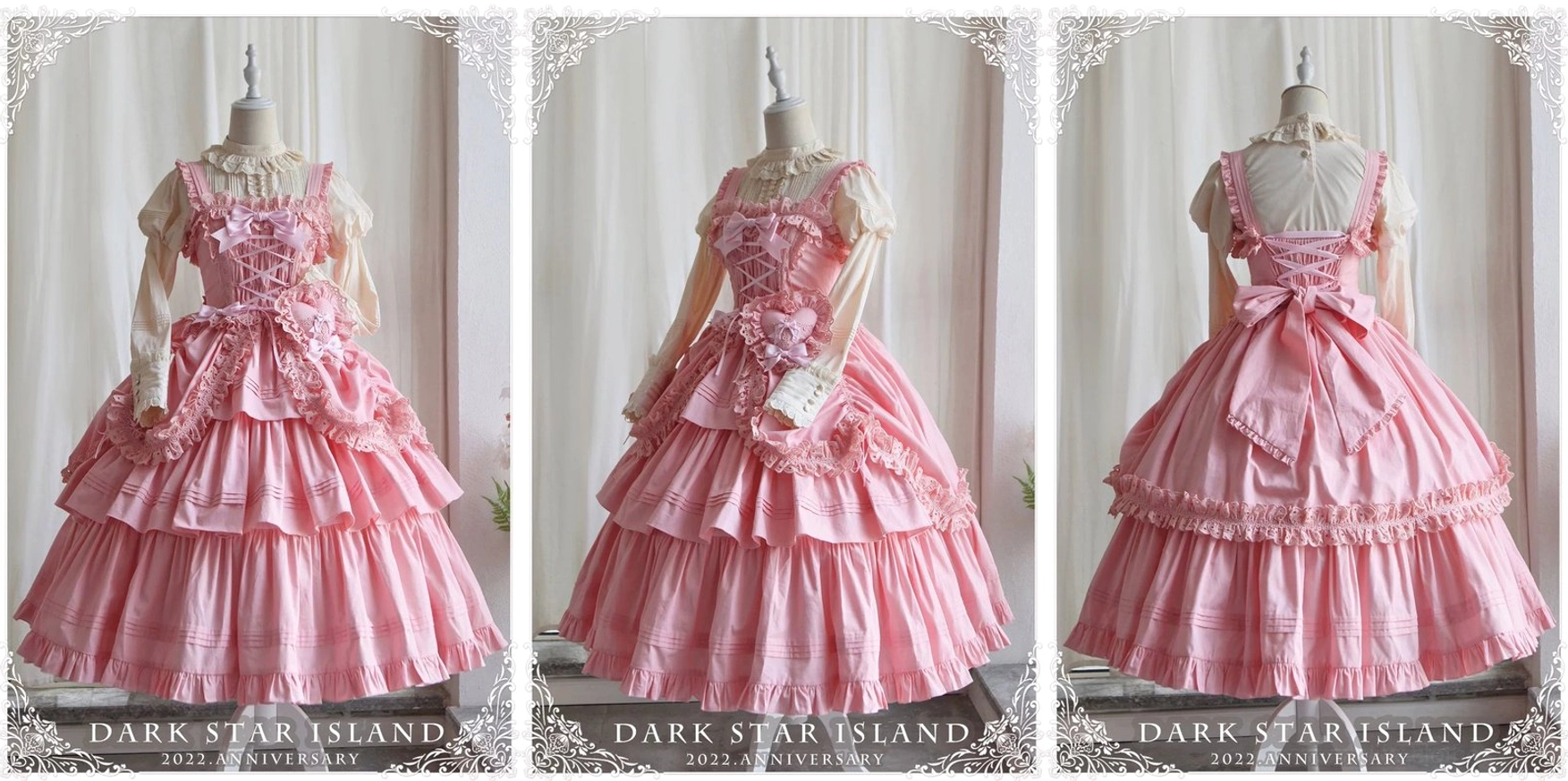 Front full-body mannequin shot of black Gothic Lolita JSK with ruffled lace bodice, fitted waist, and tiered ruffled skirt hem