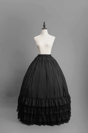 Black Gothic Lolita JSK jumper skirt with tiered ruffled lace hem front flat view on dress form