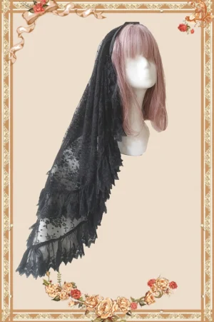 Black Gothic Lolita double-layer lace veil headdress with ruffled scalloped hem displayed on mannequin from left side angle, showing intricate floral lace details and elegant layered construction