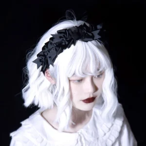black-gothic-lolita-lace-organza-kc-headband-front-three-quarter-view-with-model-wearing-dark-red-lipstick