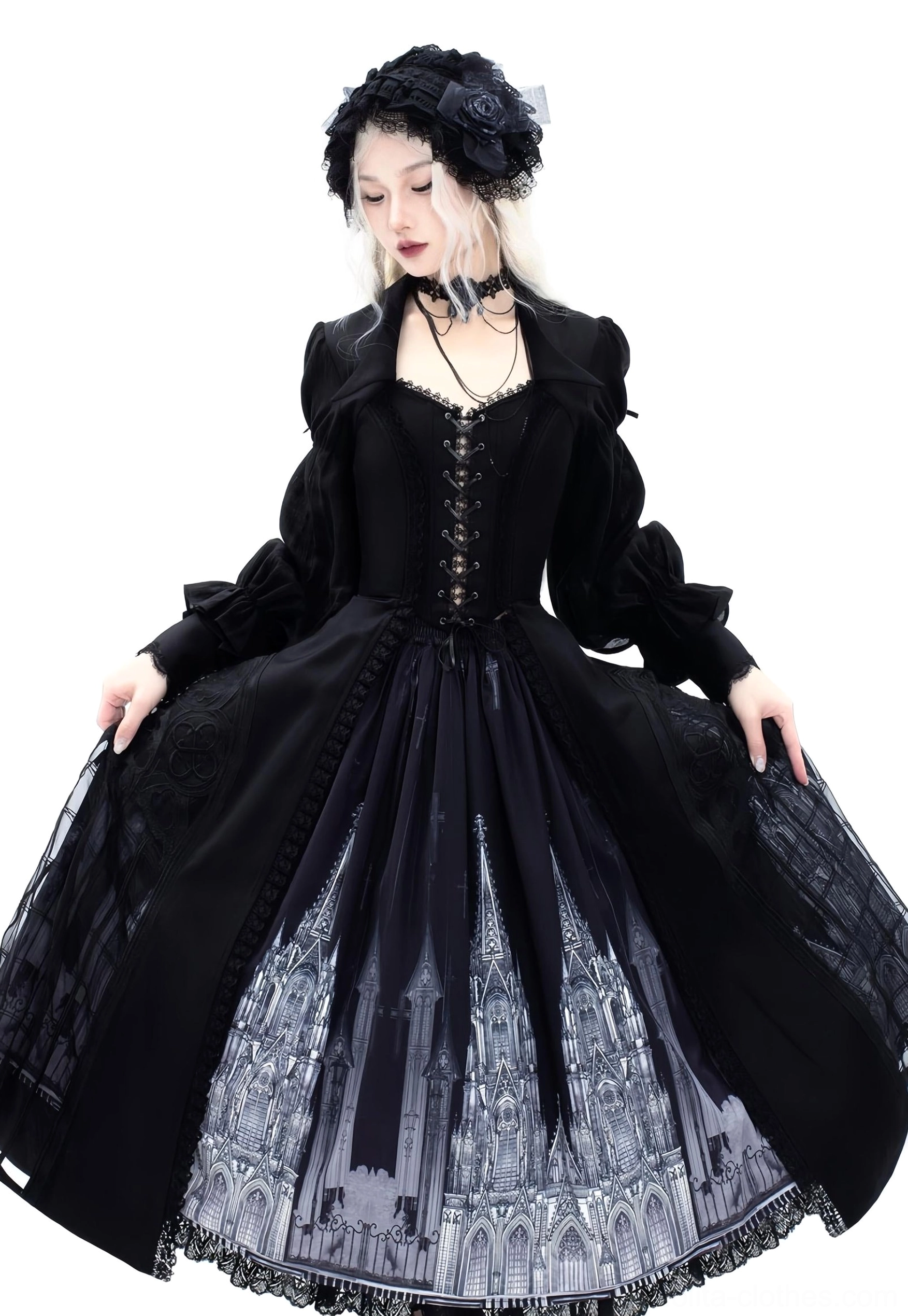 Black gothic lolita coat and cathedral print skirt outfit floor-length embroidered coat corset front closure single model studio background close-up