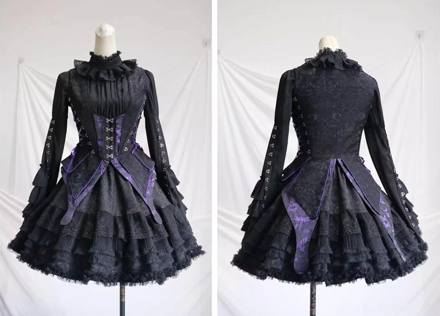 Black gothic lolita long skirt variant displaying all-black lace construction, 82cm full length, dramatic 360-degree ruffled hemline, elastic waist with drawstring, formal gothic style