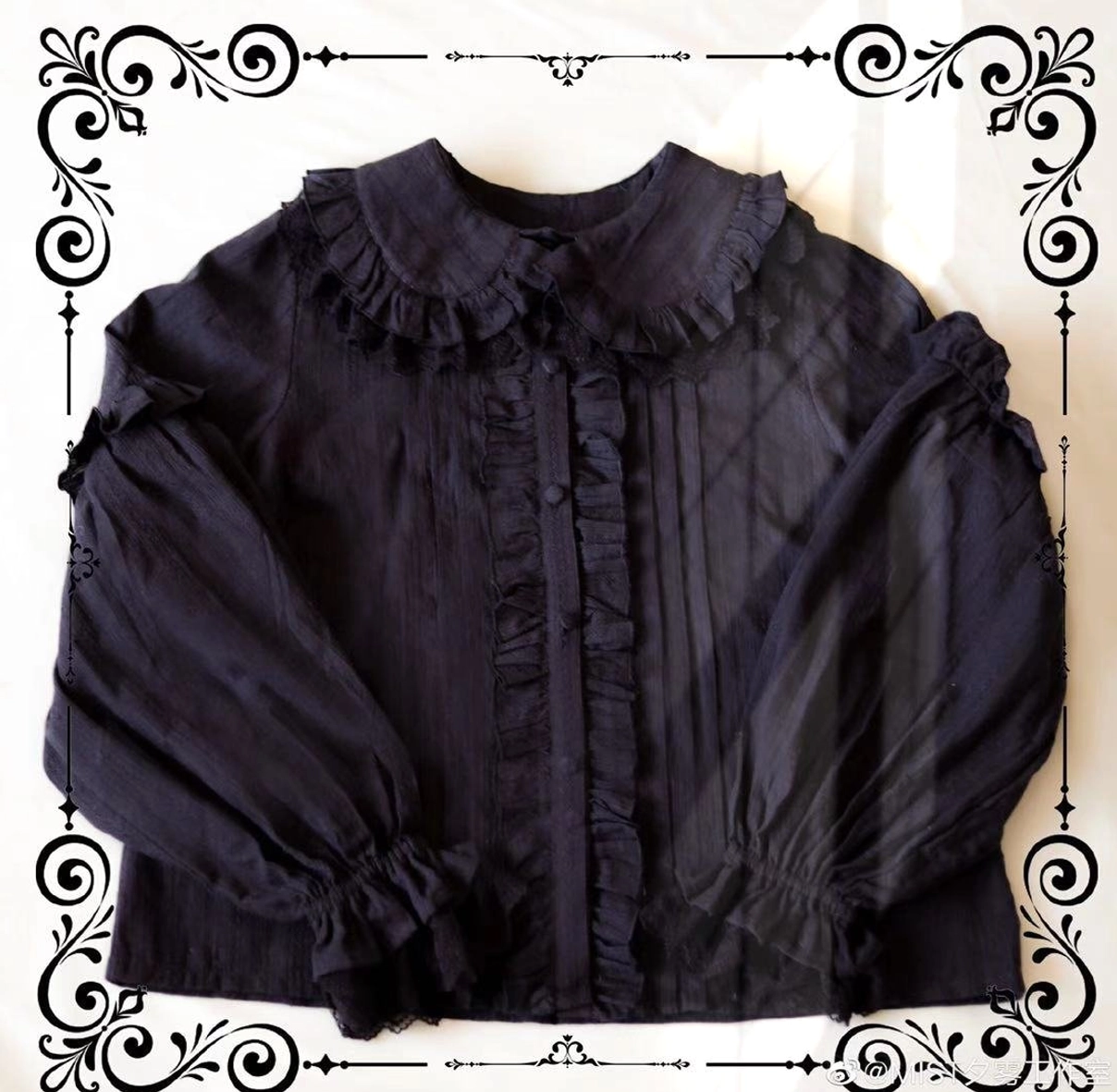 Black Lolita Long-Sleeve Blouse Gothic Style Ruffled Peter Pan Collar Bishop Sleeves Flat Lay Display