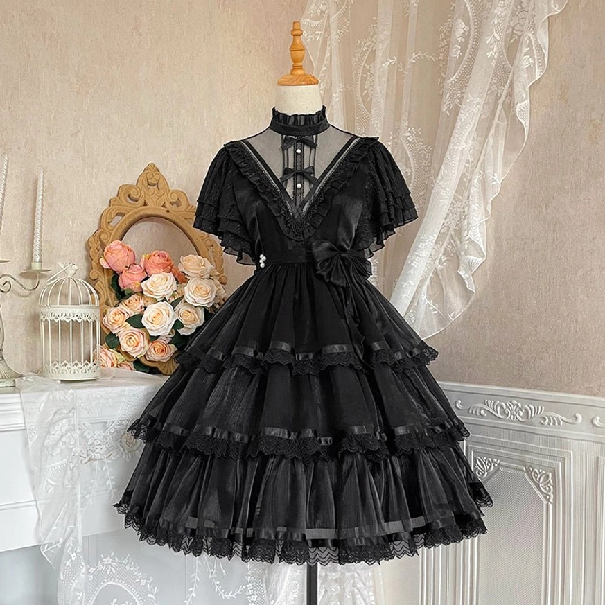 black gothic lolita one-piece dress mannequin display european vintage studio