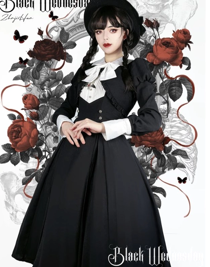 Black Gothic Lolita OP dress full front portrait with artistic red rose and butterfly poster background, model wearing black Gothic hat with twin braids hairstyle, classic silhouette