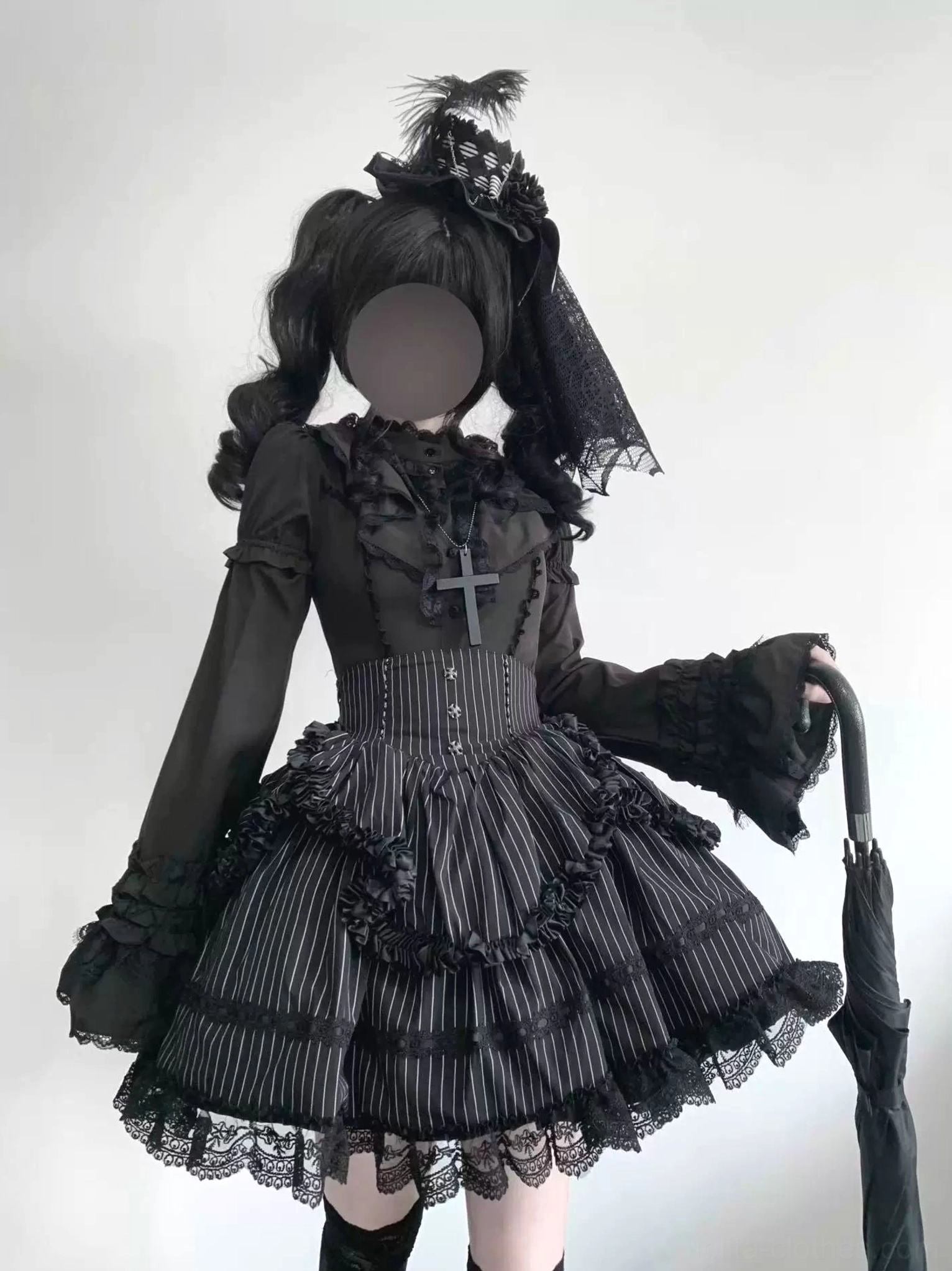 Black gothic lolita op dress with cross pendant detachable ruffled sleeves and pinstripe lace trim full outfit