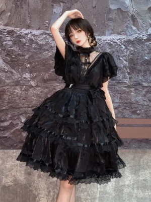 black gothic lolita one-piece dress half body standing stone wall background