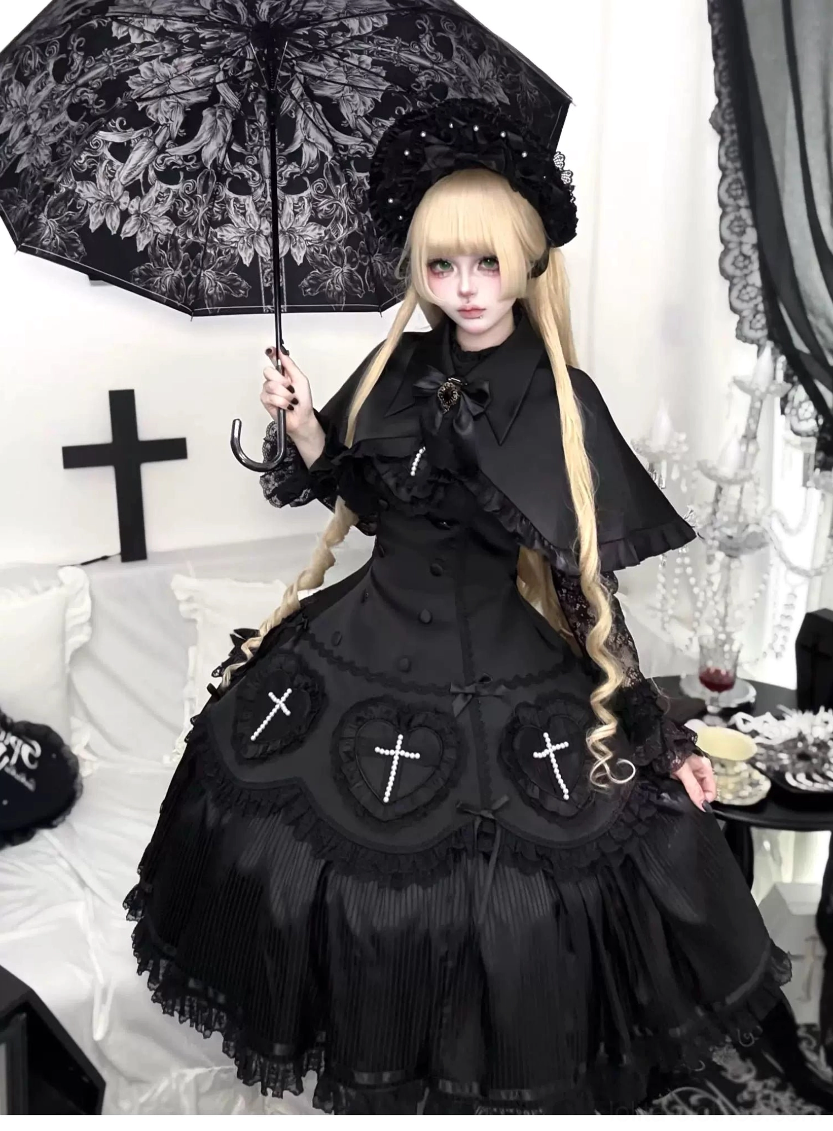 Black Gothic Lolita OP dress size chart reference S M L XL measurements bust waist shoulder width detailed fitting guide