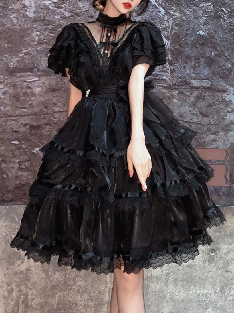 black gothic lolita one-piece dress half body standing stone wall background detail