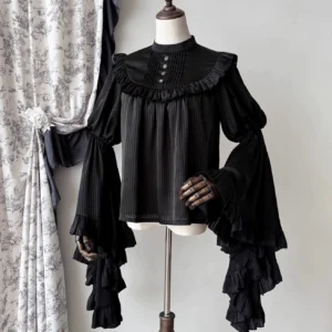 Black gothic lolita blouse three-quarter front view with pleated sheer princess sleeves, layered ruffled cuffs, and vintage gloves styling