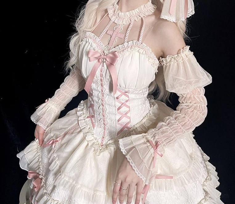Black Gothic Lolita puff arm sleeves with lace-trimmed wrist cuffs and ribbon bow details, classic colorway for any gothic Lolita coordinate aesthetic