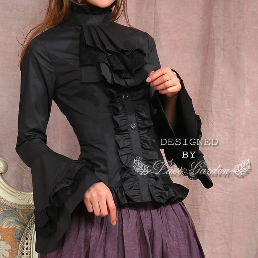 Black gothic lolita ruffled blouse close-up front three-quarter view, stand collar jabot ruffled placket flared sleeves on female model detail shot