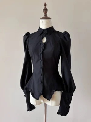Black gothic lolita shirt with puffed bishop sleeves and heart collar cutout, featuring ruffled trims and slim waist fit displayed on mannequin