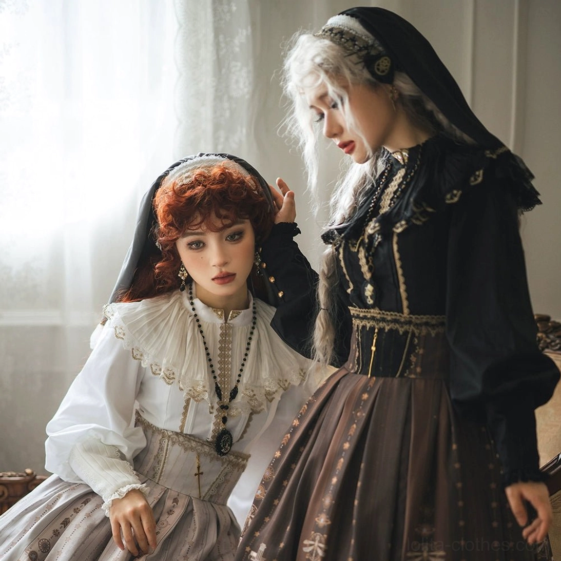 Black gothic lolita skirt set nun headwear long braid hairstyle dark brown printed skirt detailed white blouse collar half body close up