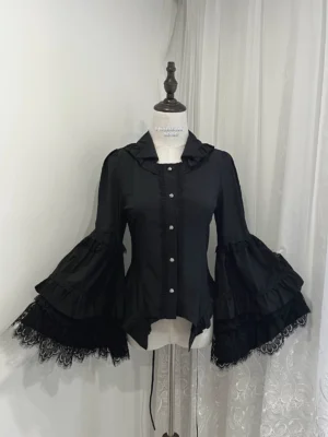 Black Gothic Lolita blouse full front view dress form lace trumpet sleeves small lapel pearl buttons adjustable drawstring hem