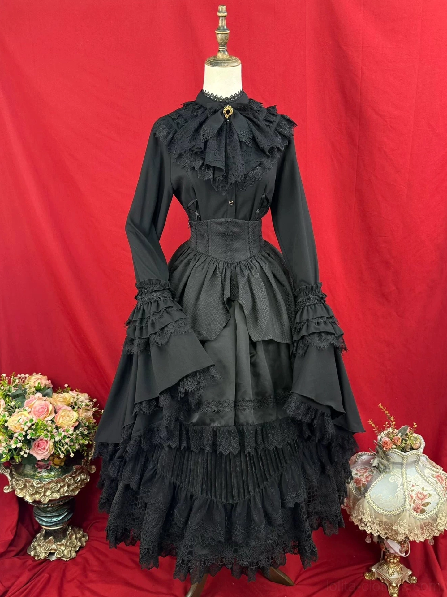 Black Gothic Lolita blouse and skirt set complete outfit tiered ruffled lace skirt high waist corset belt