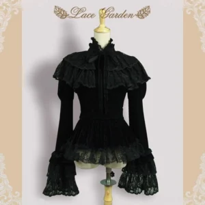Black velvet gothic lolita cape with hollowed-out stand-up collar front full view studio display