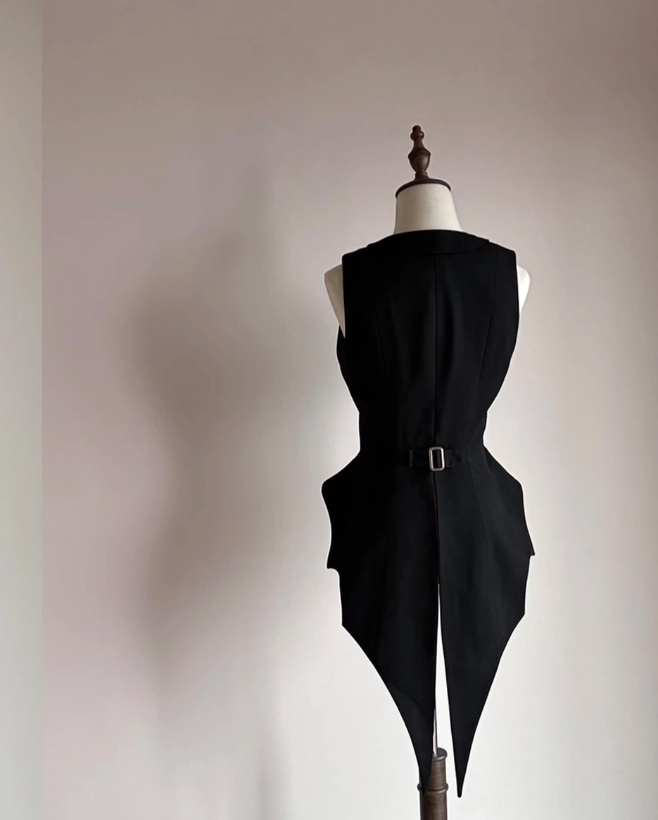 Black sleeveless Gothic Lolita waistcoat back view displaying adjustable buckle closure system and bat-wing tail hemline architectural silhouette