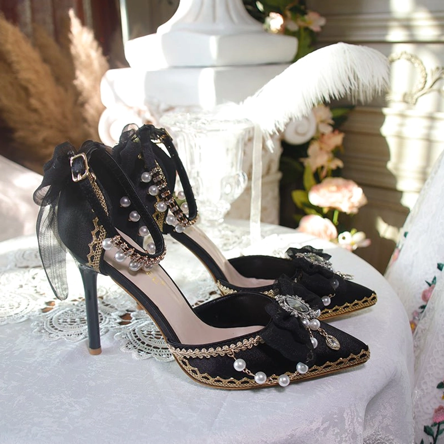Black gothic lolita style wedding high heels pearl gem bow decor gold lace trim sheer ribbon heel bow slender stiletto
