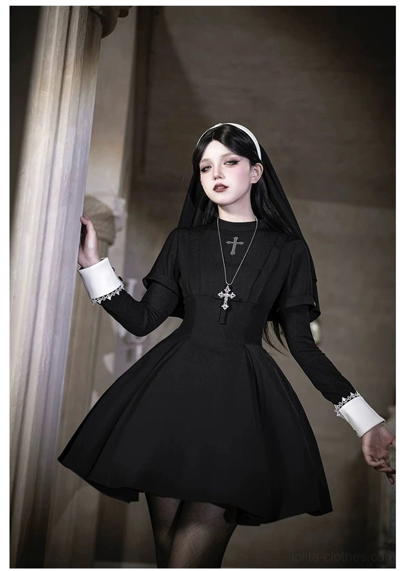 Black gothic nun lolita OP dress fitted waist flared skirt white cuffs vintage room single model nun headband