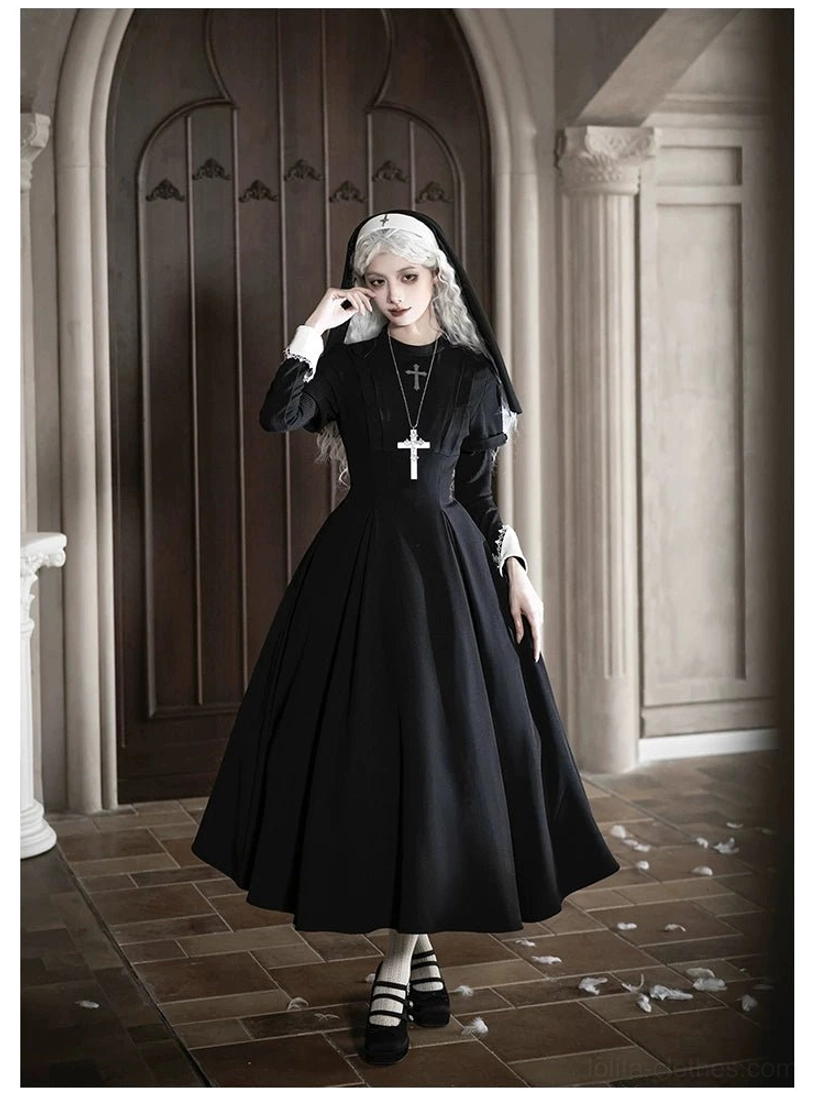 Long-sleeve black gothic nun lolita OP dress floor-length arched wooden door church single model white cuffs