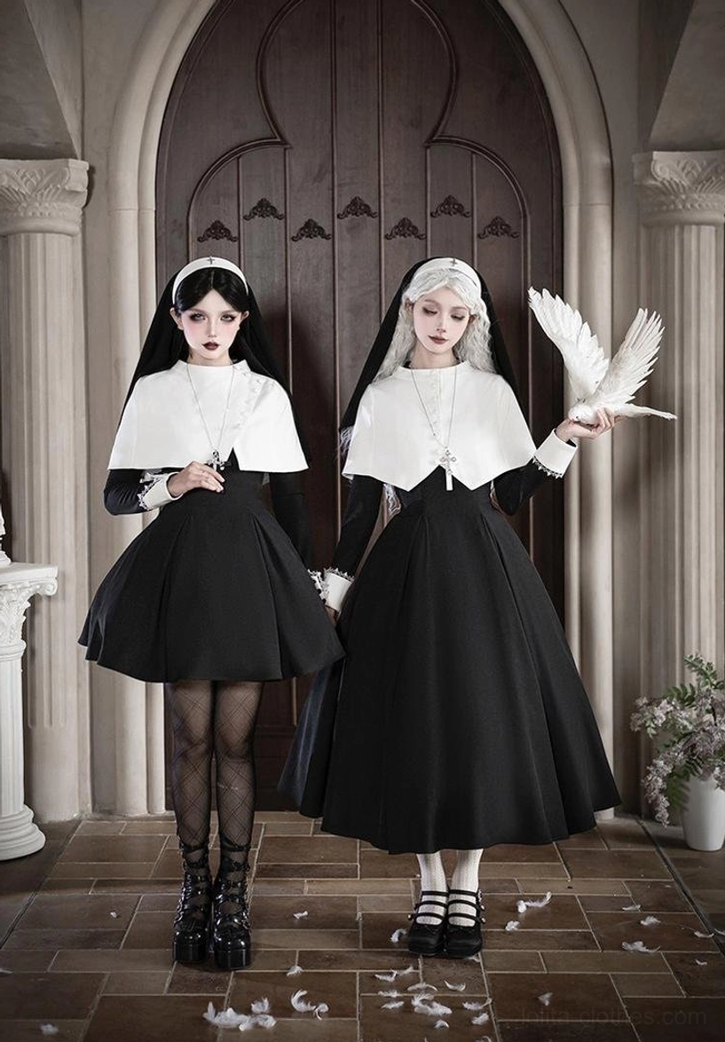 Short and long black gothic nun lolita OP dress comparison stone church hallway white dove prop ecclesiastical