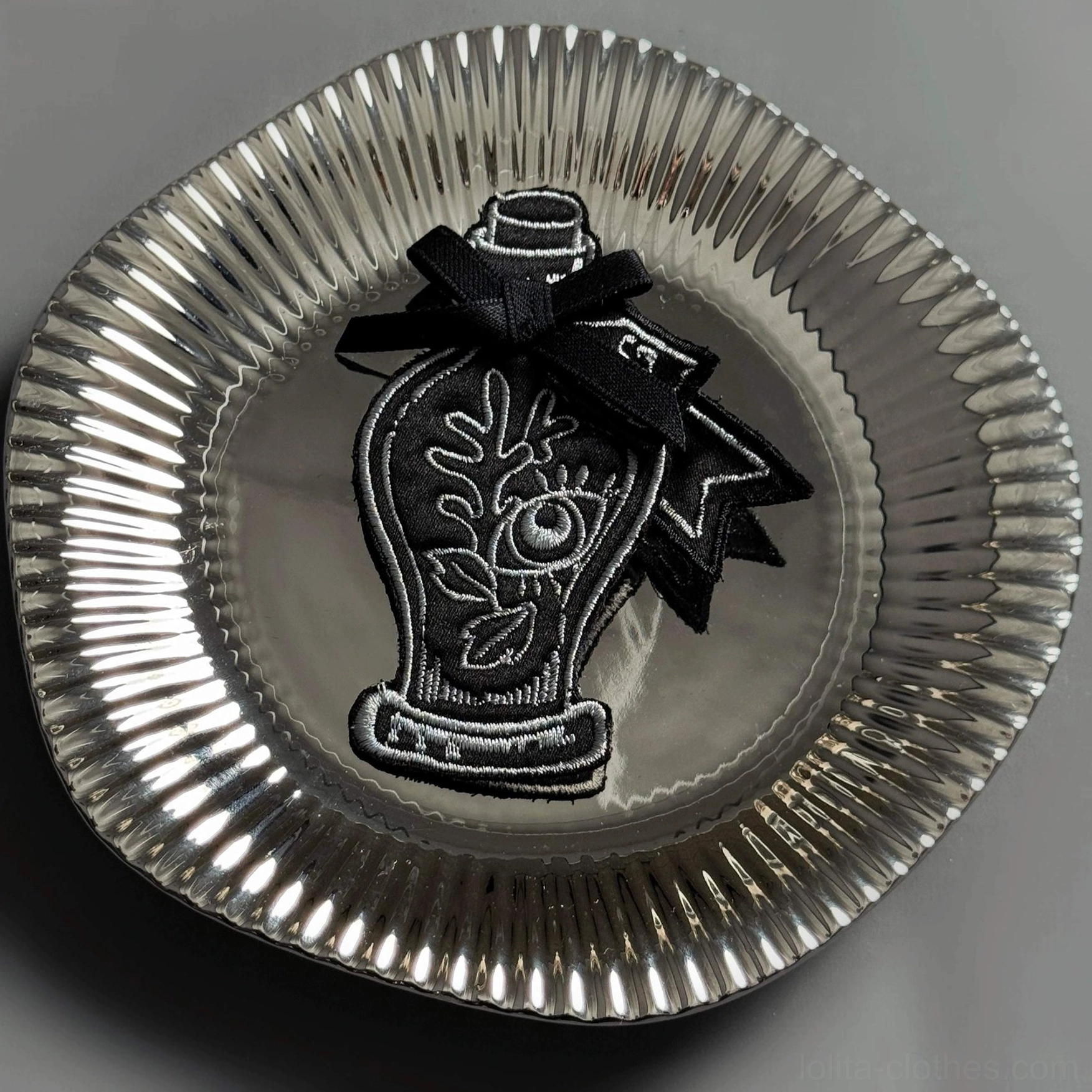 Black gothic potion bottle embroidered brooch badge with silver-white eye and vine embroidery details