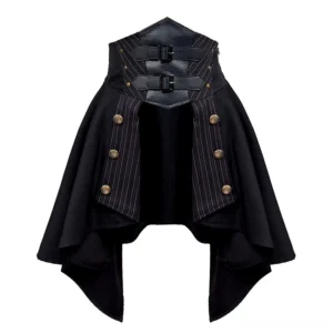 black gothic steampunk high-waisted lolita skirt leather buckles pinstripe flat lay front view pure product display metal button trims asymmetric hem