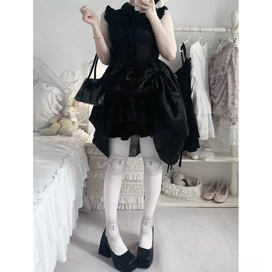 Black gray velvet untransparent joint print Lolita pantyhose gothic sweet aesthetic