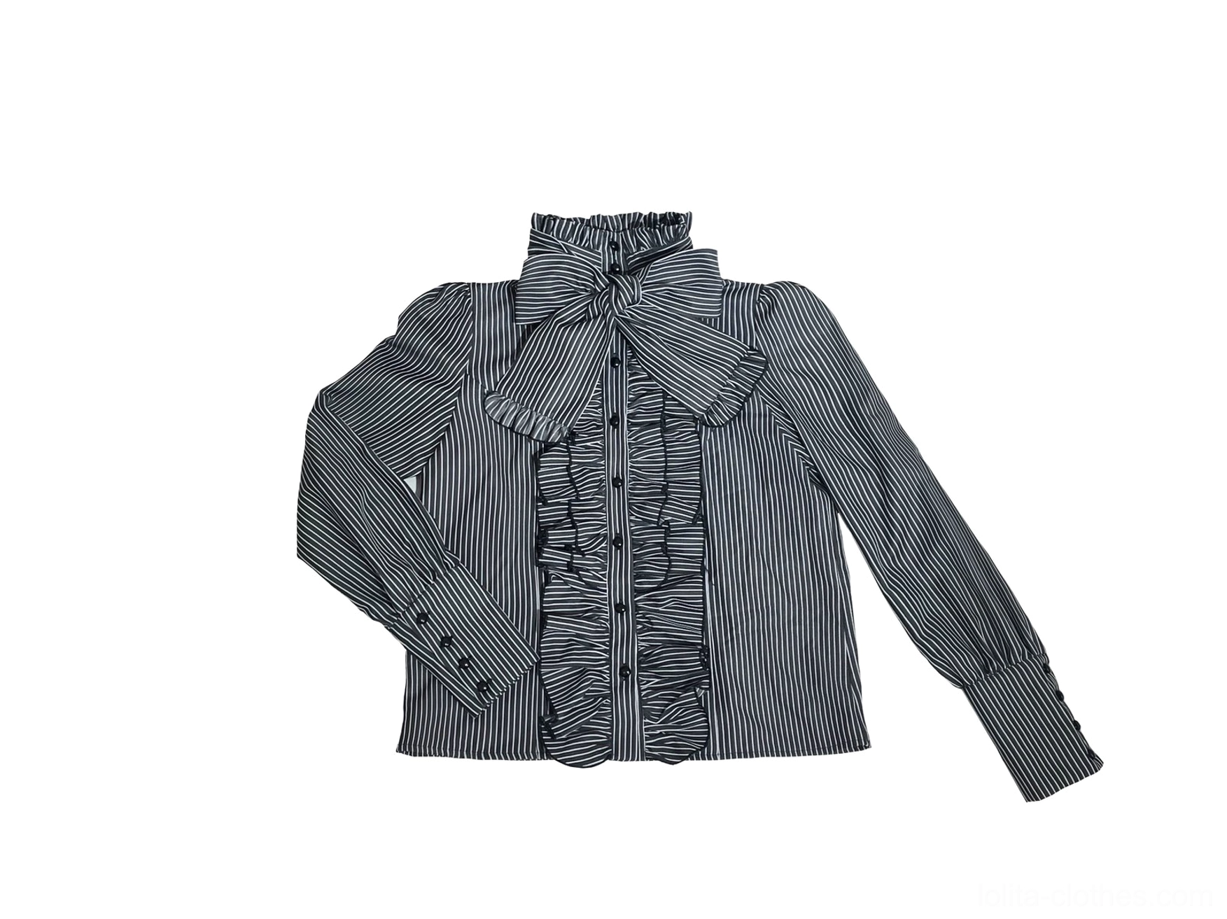 Black-grey striped gothic lolita blouse and skirt set complete ensemble showing coordinated two-piece design, vertical stripe continuity, and silhouette proportions