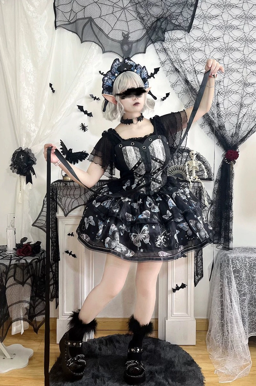 Black Halloween Gothic Lolita blouse with bat prints and sheer sleeves, full body cosplay model shot