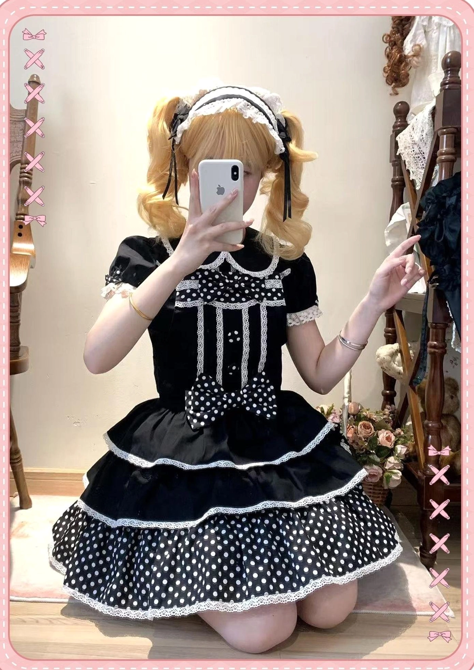 Black headband with clips accessory for sweet lolita fashion coordinates adjustable styling