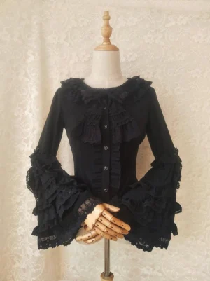 Black hime sleeve lolita blouse front full view with ruffled lace collar and multi-layered bell sleeves featuring lace trim